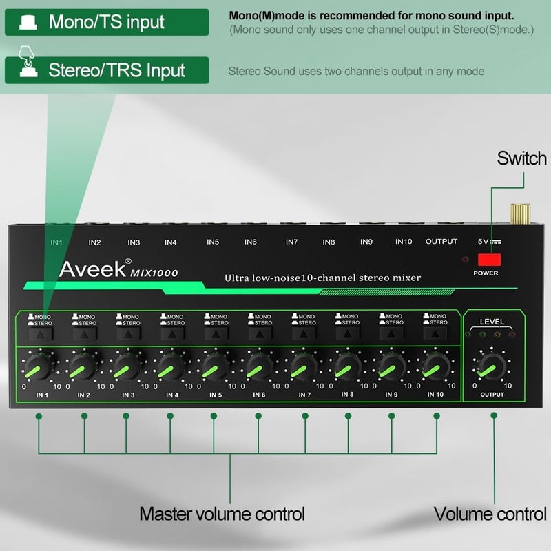 Aveek 10 Channel Mixer - Mini 10 Stereo Audio Mixer, Low-Noise for Precision Sub-Mixing,1/4" TRS Input/Output Ideal for Mics/Guitars/Bass/Stage - 3 x 8.6 x 1.1 inches - Image 3